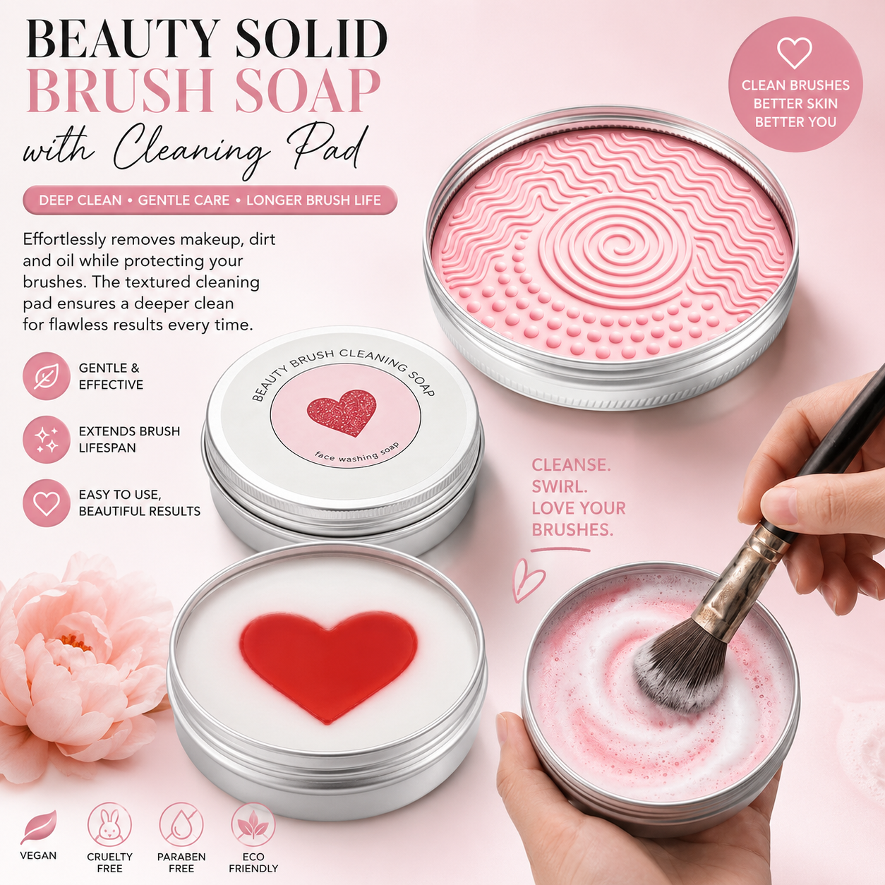 Beauty Solid Brush Soap with Cleaning Pad