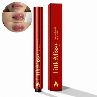 Red lip plumper with 'LittleMissy' branding and close-up of lips showing plumped effect on a white background.